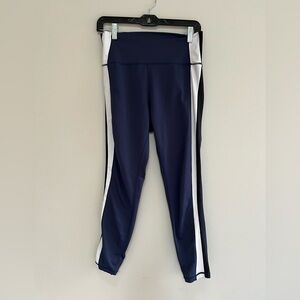 All Fenix High Rise 7/8 Leggings in Navy Blue with White and Black Stripes, L